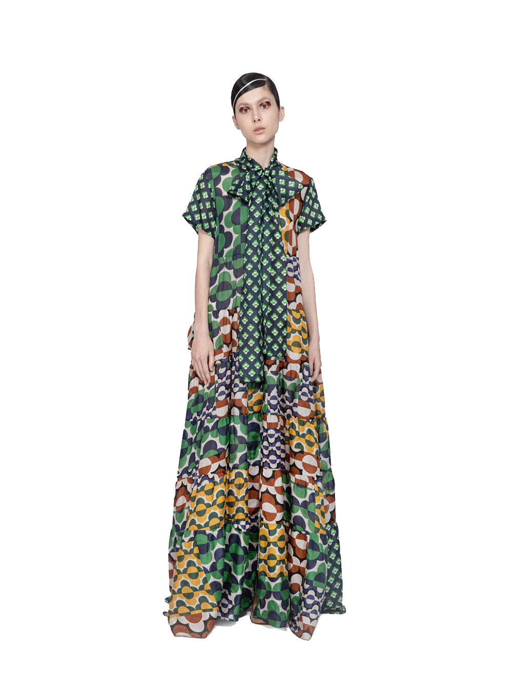 Lightweight Silk Print Maxi Dress With Bow Tie (Navy/Green)