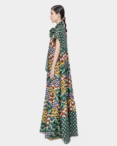 Lightweight Silk Print Maxi Dress With Bow Tie (Navy/Green)
