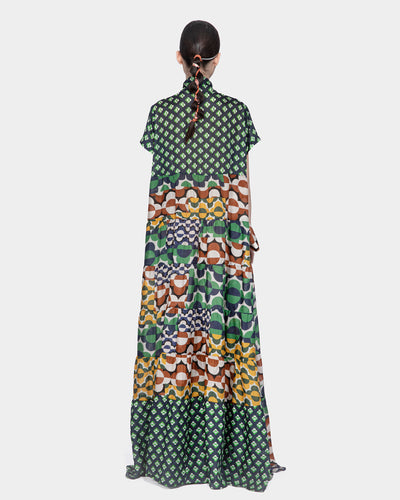 Lightweight Silk Print Maxi Dress With Bow Tie (Navy/Green)