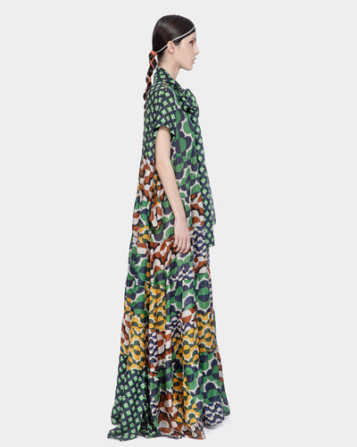 Lightweight Silk Print Maxi Dress With Bow Tie (Navy/Green)