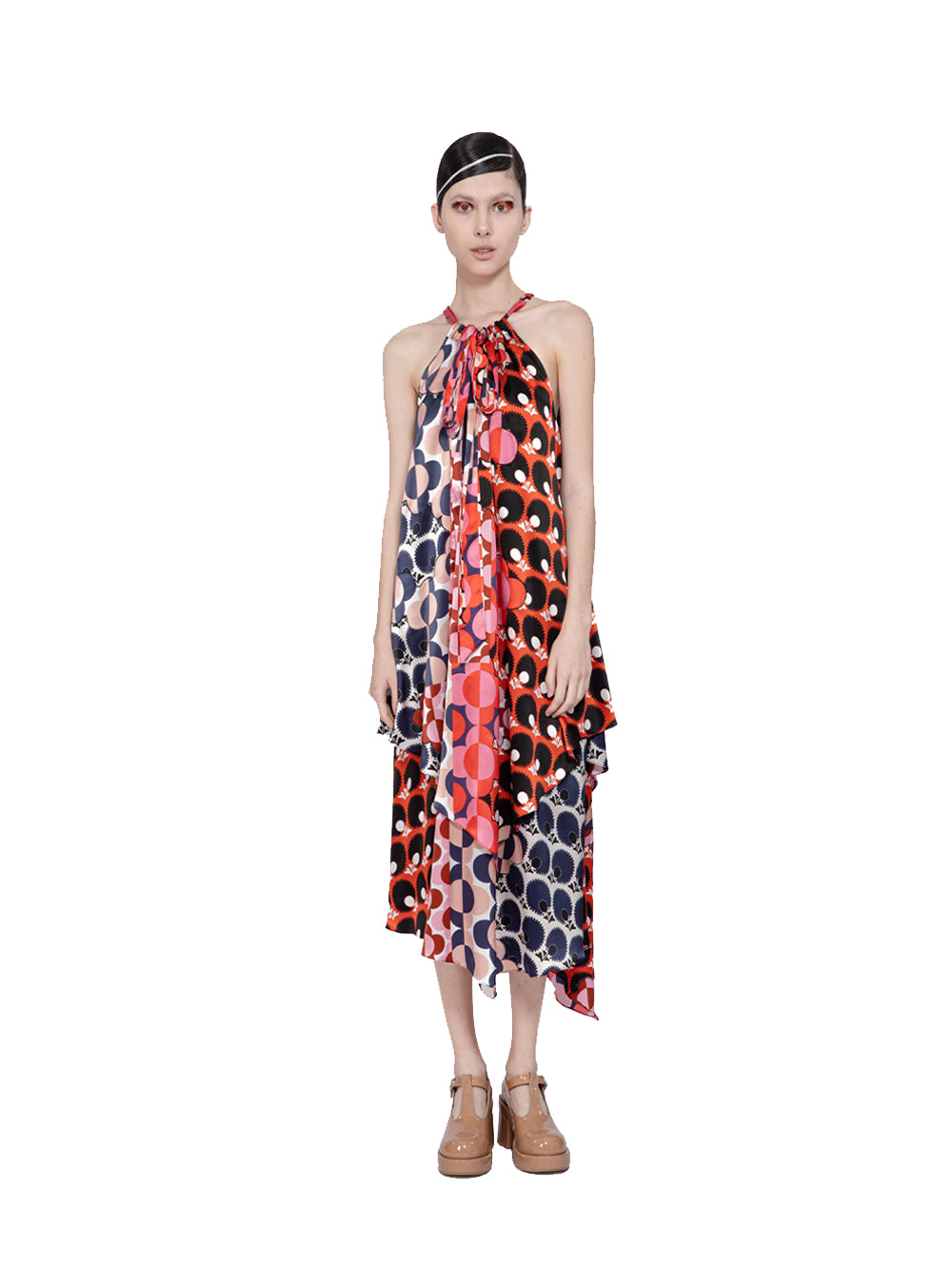Mix Satin Silk Print Halter Dress (Multicolor)