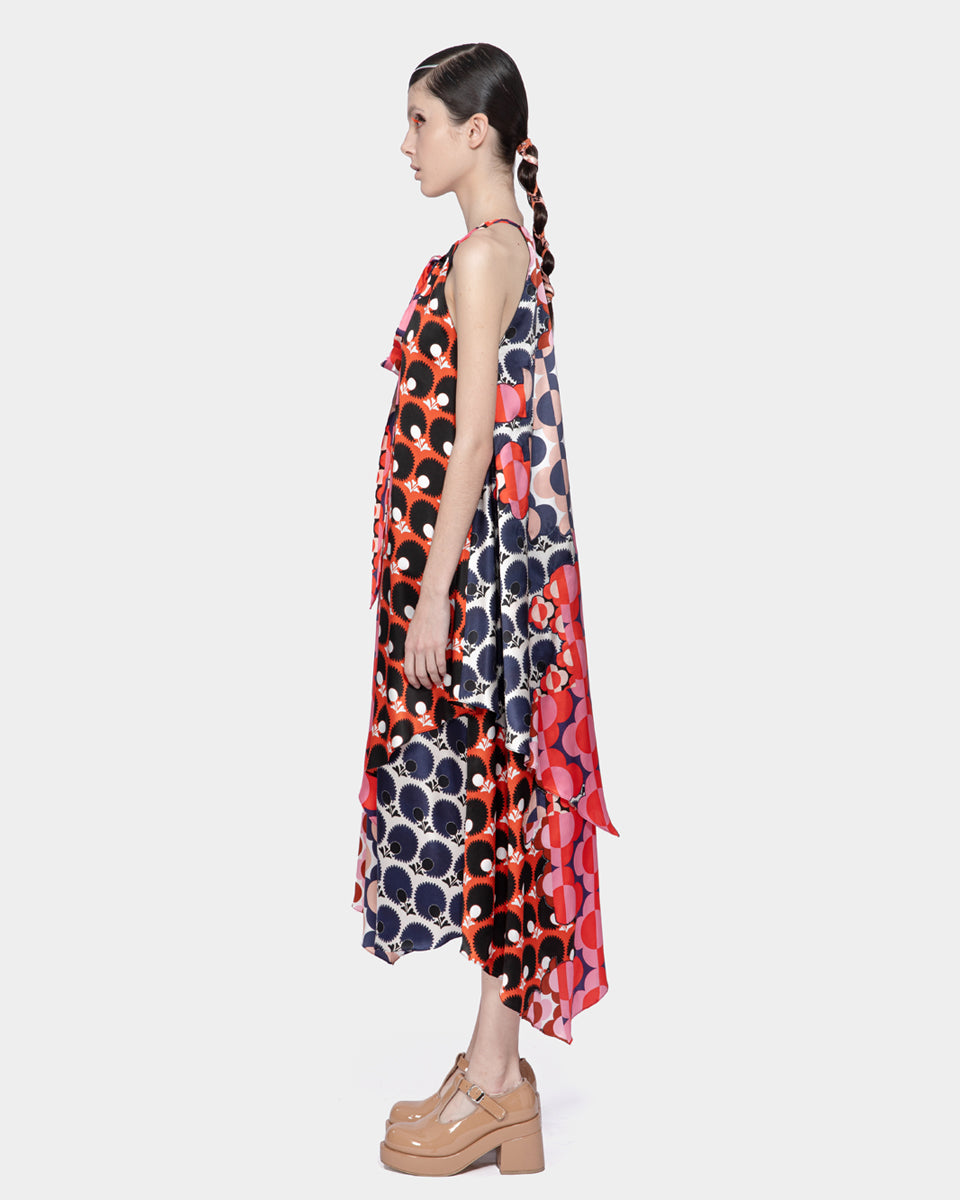 Mix Satin Silk Print Halter Dress (Multicolor)