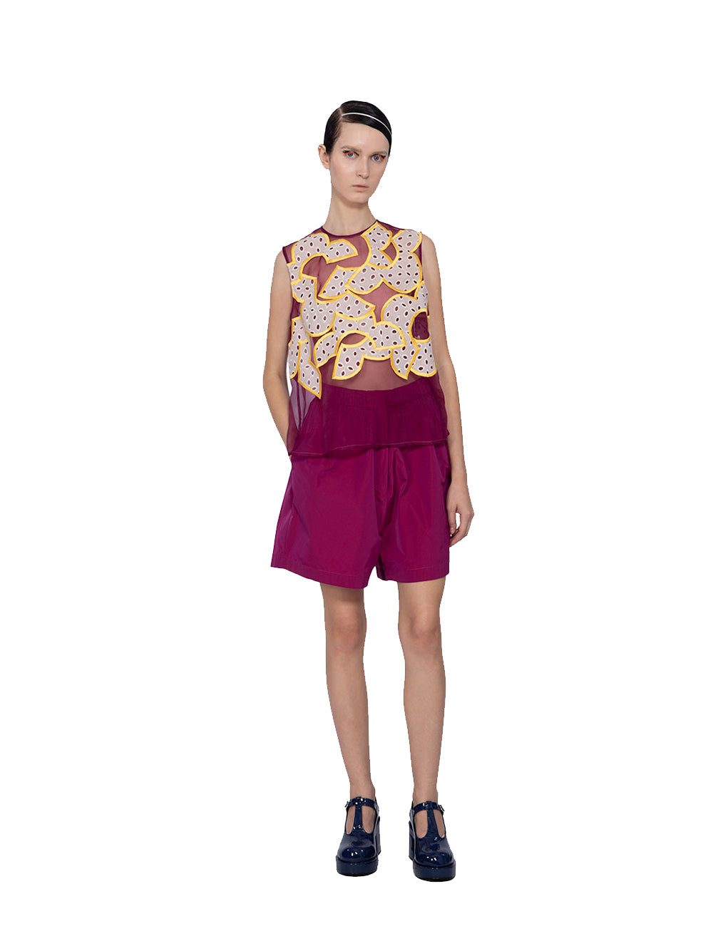 Organza With Eyelet Embroidery Applique Sleeveless Blouse (Purple/Yellow)