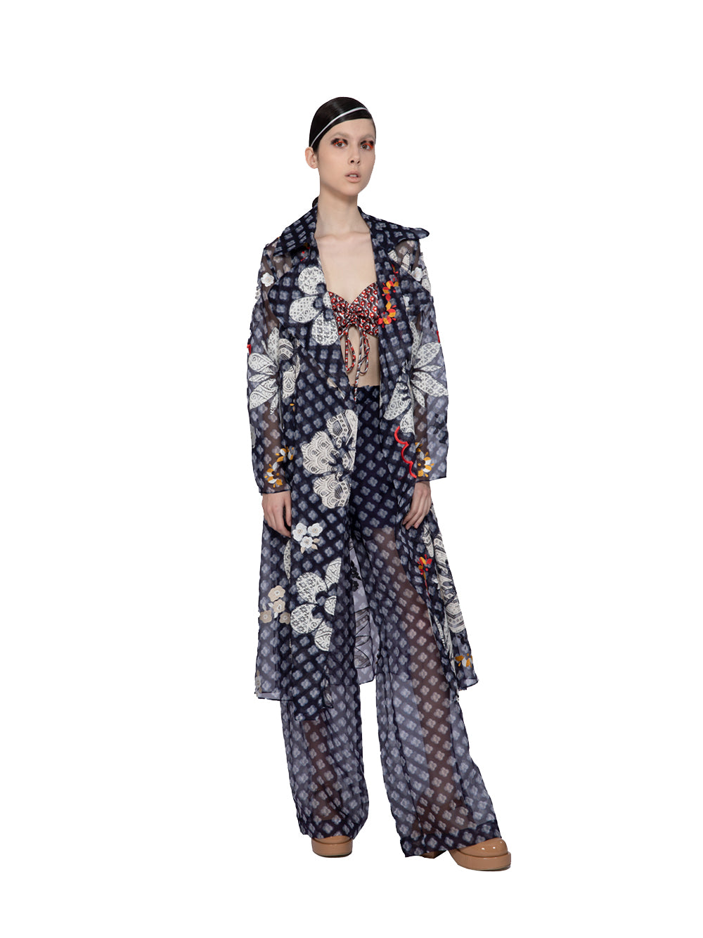 Printed Silk Organza With Lace Coat (Navy)