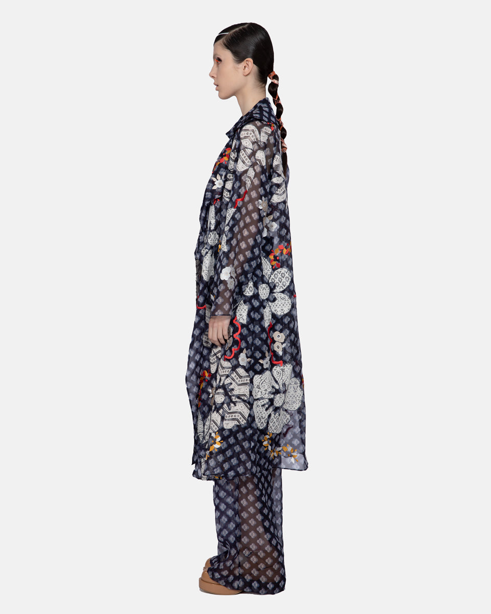 Printed Silk Organza With Lace Coat (Navy)
