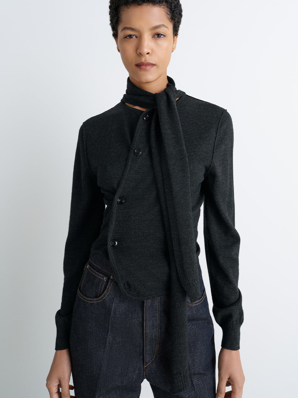 Twisted Cardigan With Scarf (Anthracite)
