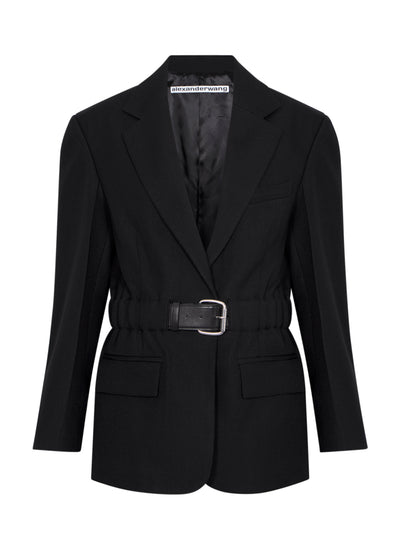 Tailored Blazer Integrated Leather Belt At Waist (Black)