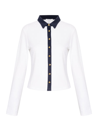 The Knit Contrast Long Sleeve Polo (White)