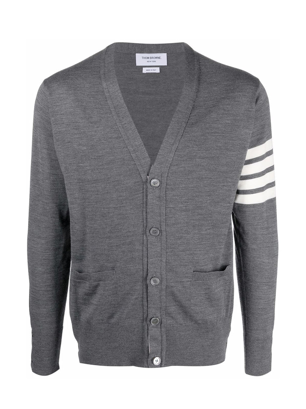 ThomBrowne-FineMerinoWoolV-Neck4-BarCardigan-LightGrey-1