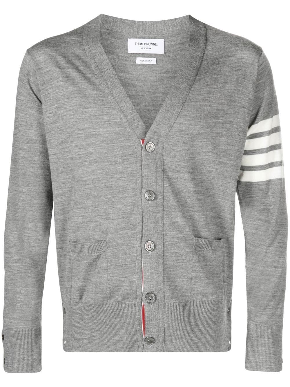       ThomBrowne-FineMerinoWoolV-Neck4-BarCardigan-LightGrey-1