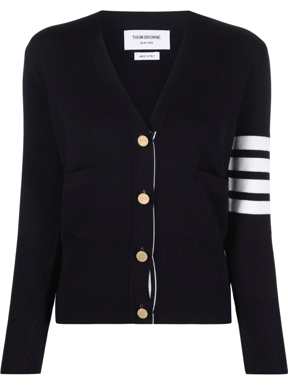 ThomBrowne-MilanoStitchFineMerinoWool4-BarClassicV-NeckCardigan-Navy-1
