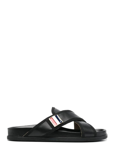 Vitello Calf Enamel Crisis Cross Loafer Sandal (Black)