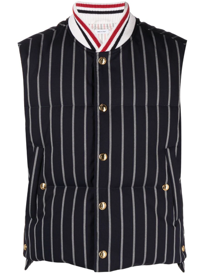 Downfill Snap Front Vest W/Gg Front Placket In Bold Stripe Wool Suiting Navy