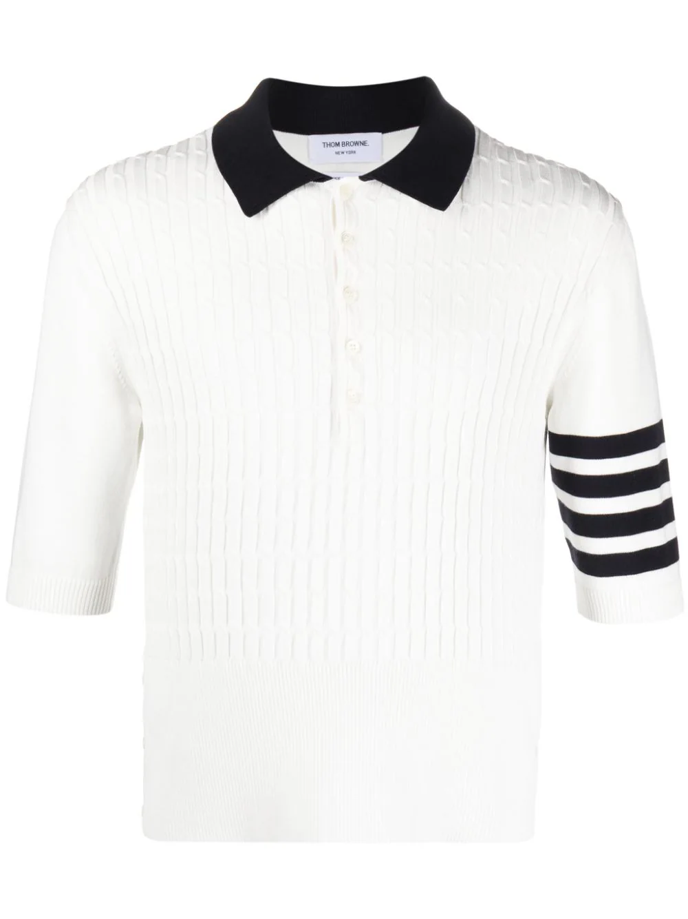 Placed Baby Cable Rib Stitch Ss Polo In Cotton W/ 4 Bar Stripe White