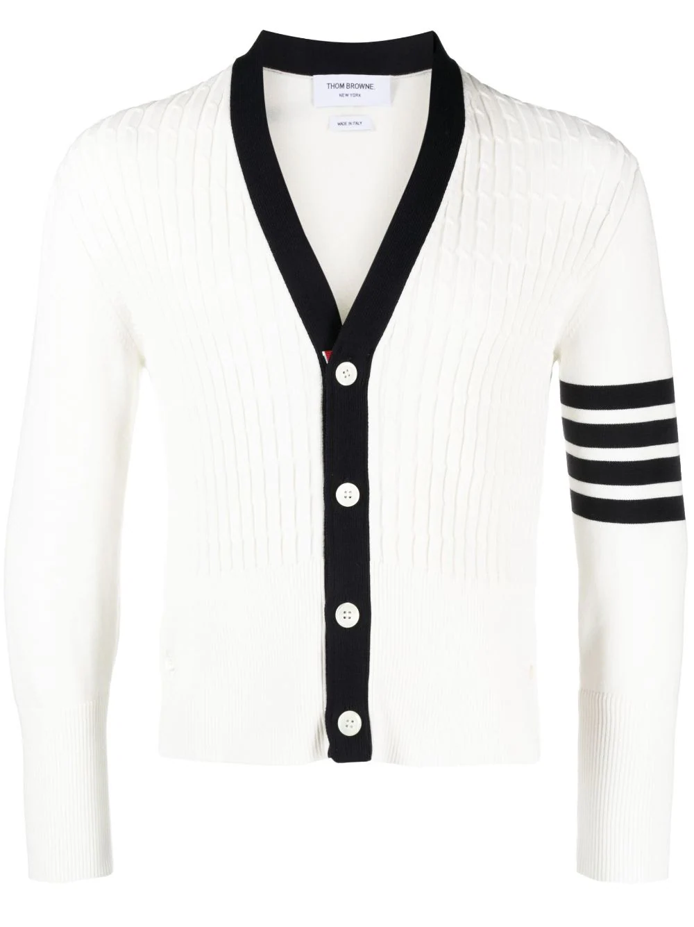 Placed Baby Cable Rib Stitch V Neck Cardigan In Cotton W/ 4 Bar Stripe White