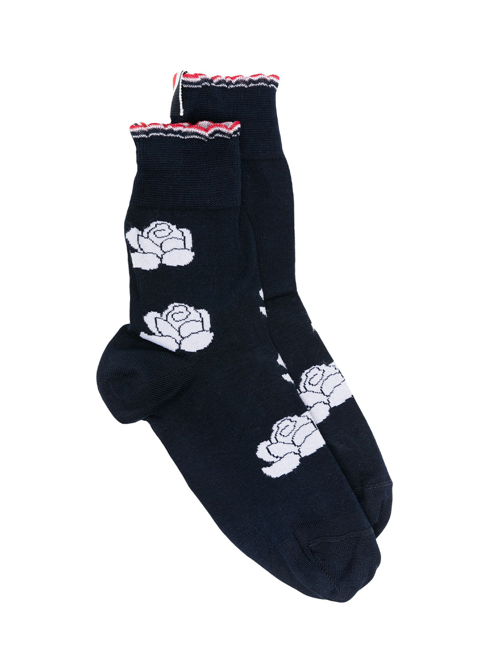 Rose Half Drop Jacquard Ankle Socks In Cotton With RWB Scalloped Edge (Navy)