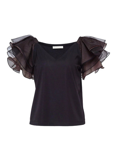 Triacetate Satin Knit Frill Top (Black)