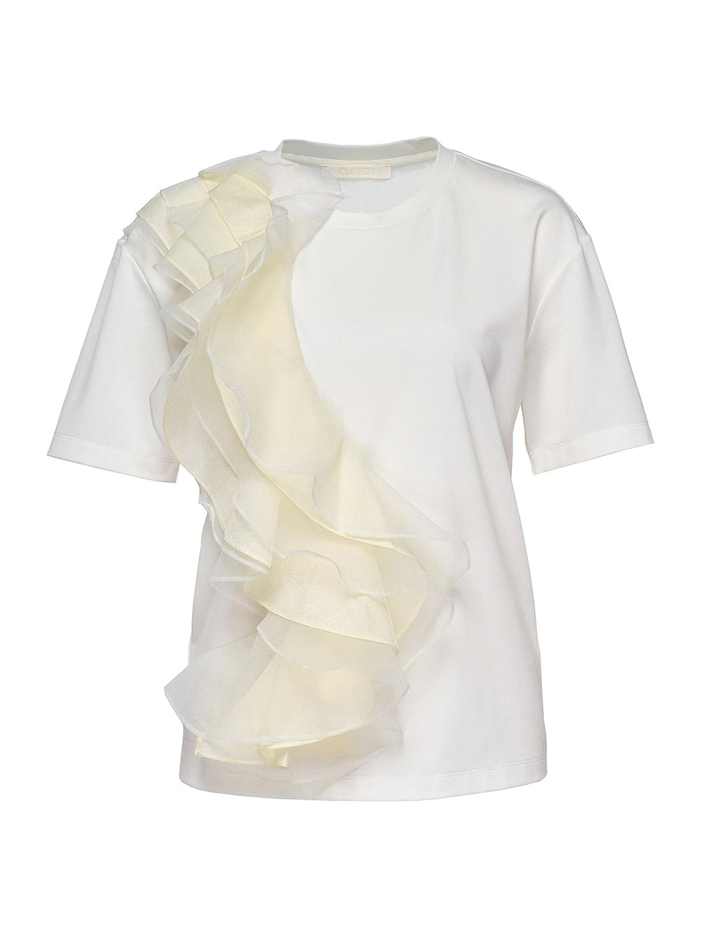 Triacetate Satin Knit Frill Top (Polished White)