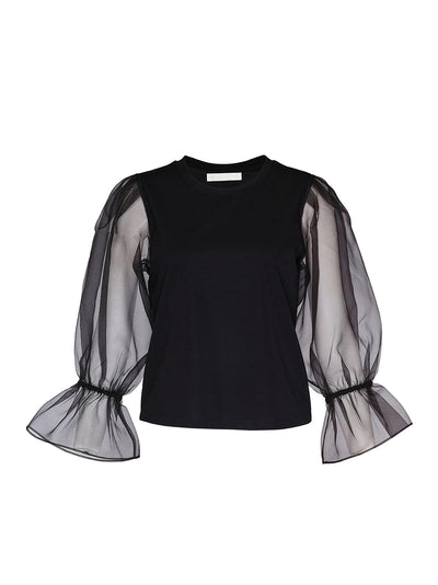 Triacetate Satin Knit Organza Top (Black)