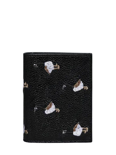 Pebble Grain Goose Embroidery Double Card Holder Black