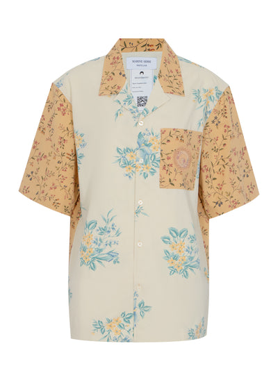 Upcycled Floral Linen Bowling Shirt  Gravel