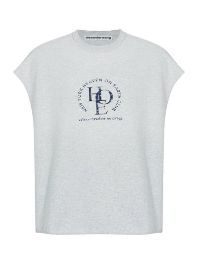 Unisex Distressed Logo Oversized Cotton Muscle Tee (Light Heather Grey)