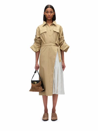 Utility Shirt Dress with Pleated Wrap Skirt (Khaki)