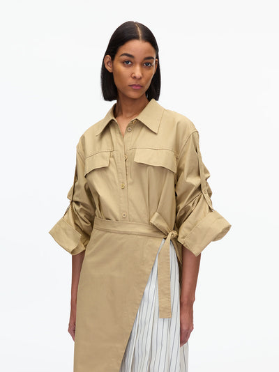 Utility Shirt Dress with Pleated Wrap Skirt (Khaki)