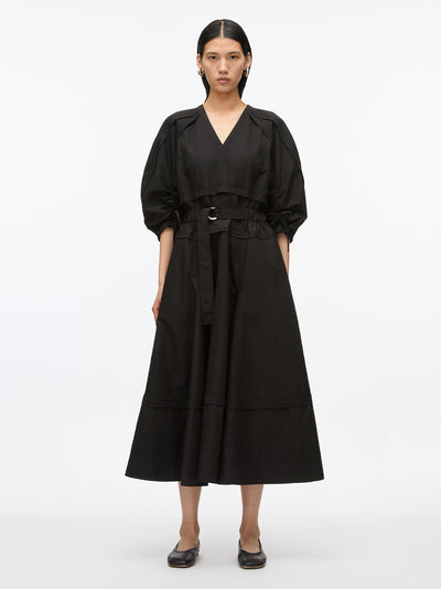 V-Neck Dress With Gathered Sleeves (Black)