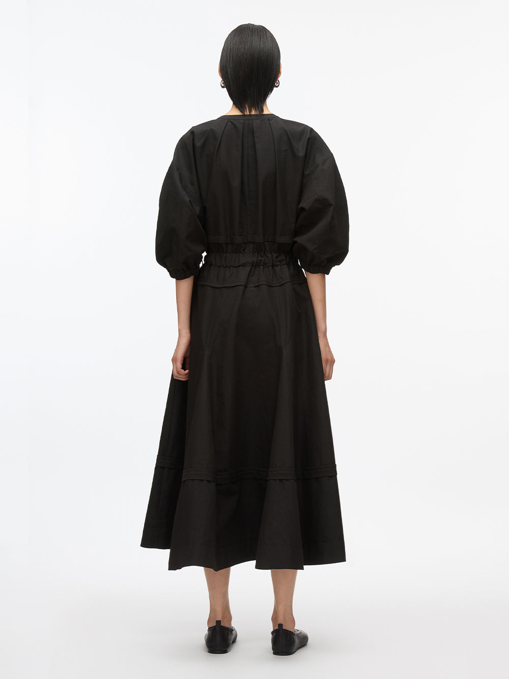 V-Neck Dress With Gathered Sleeves (Black)