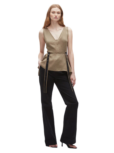 V-Neck Sleeveless Flounce Satin Top (Olive)
