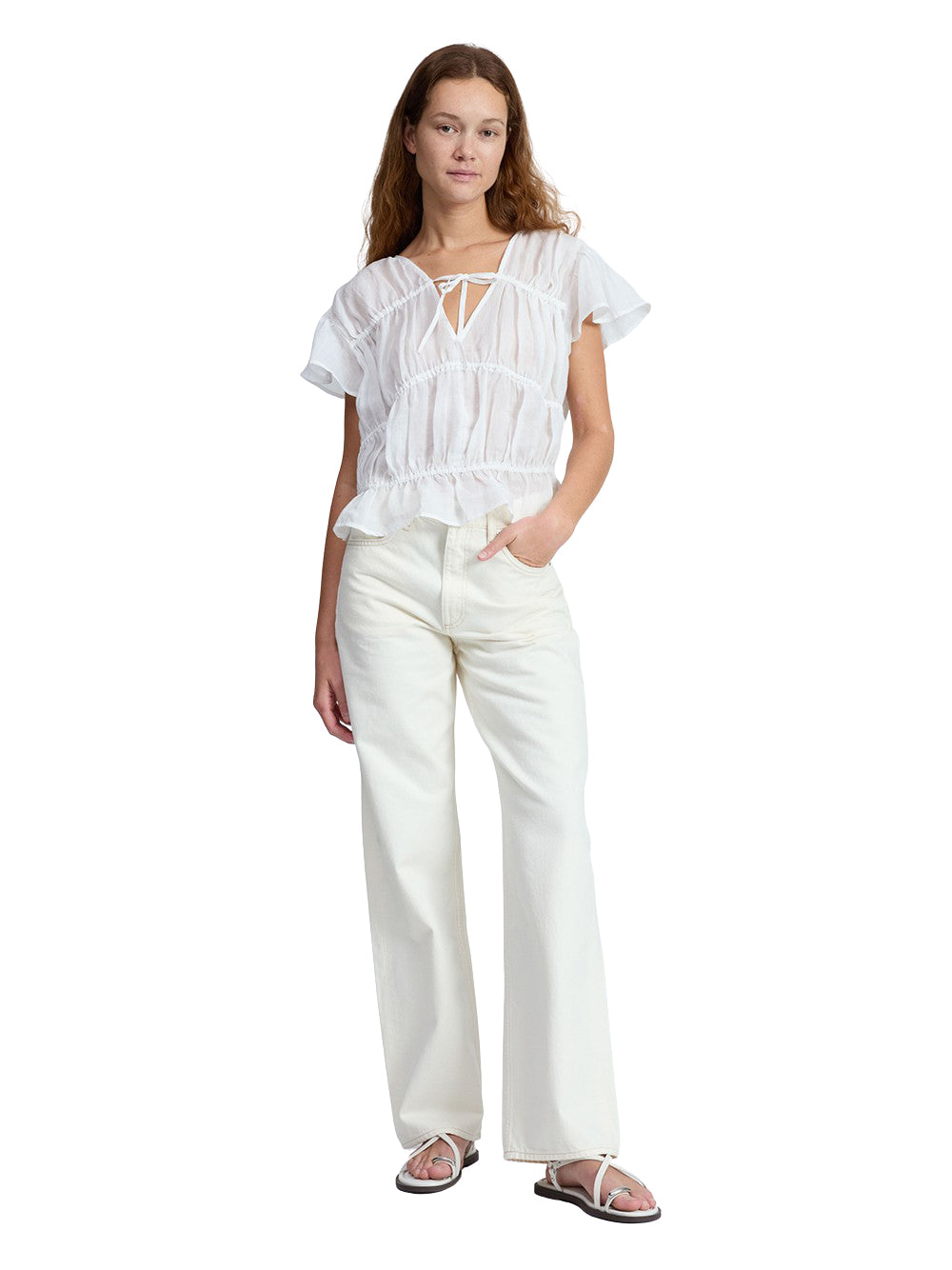 Valentina Tiered Flutter Sleeve Top (White)
