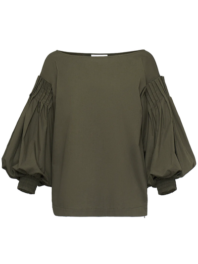 Silky Cotton Poplin Puff Blouse Olive