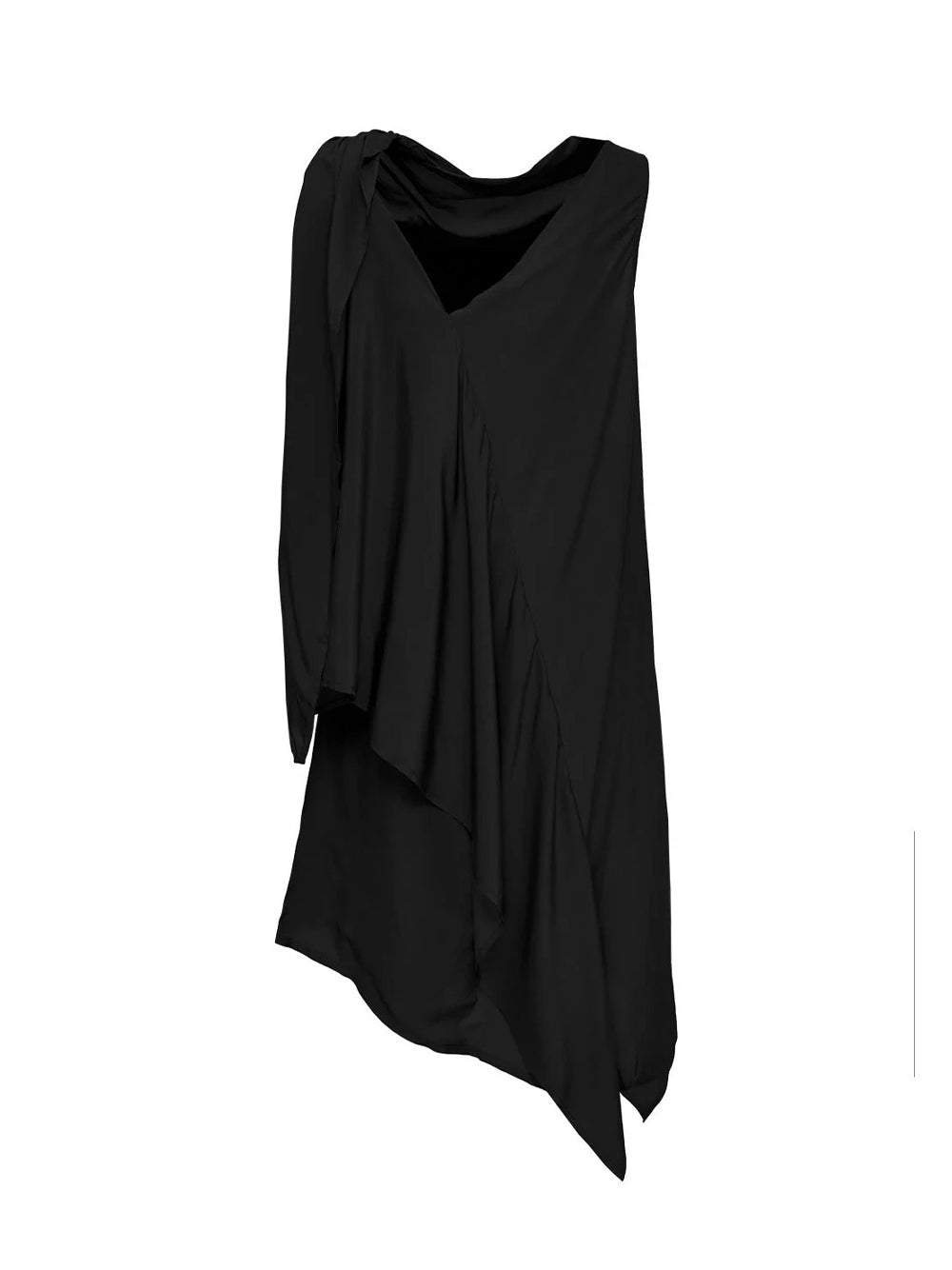 Silky Viscose Tencel Drape-Neck Dress Black