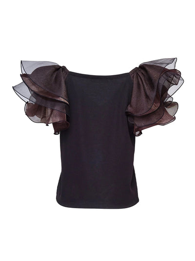 Triacetate Satin Knit Frill Top Black