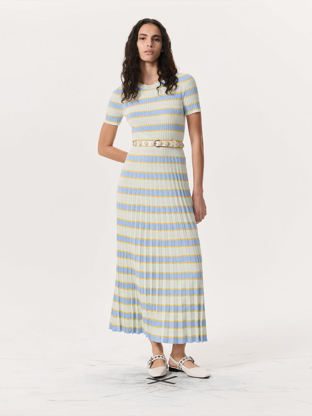 Eloise Striped Rib-Knit Pleated Midi Dress (Green Multi)