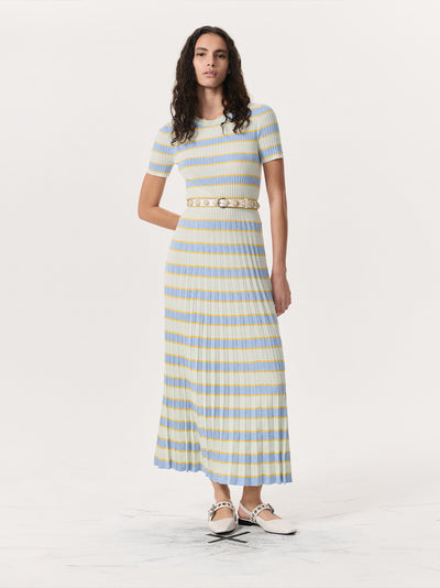 Eloise Striped Rib-Knit Pleated Midi Dress (Green Multi)