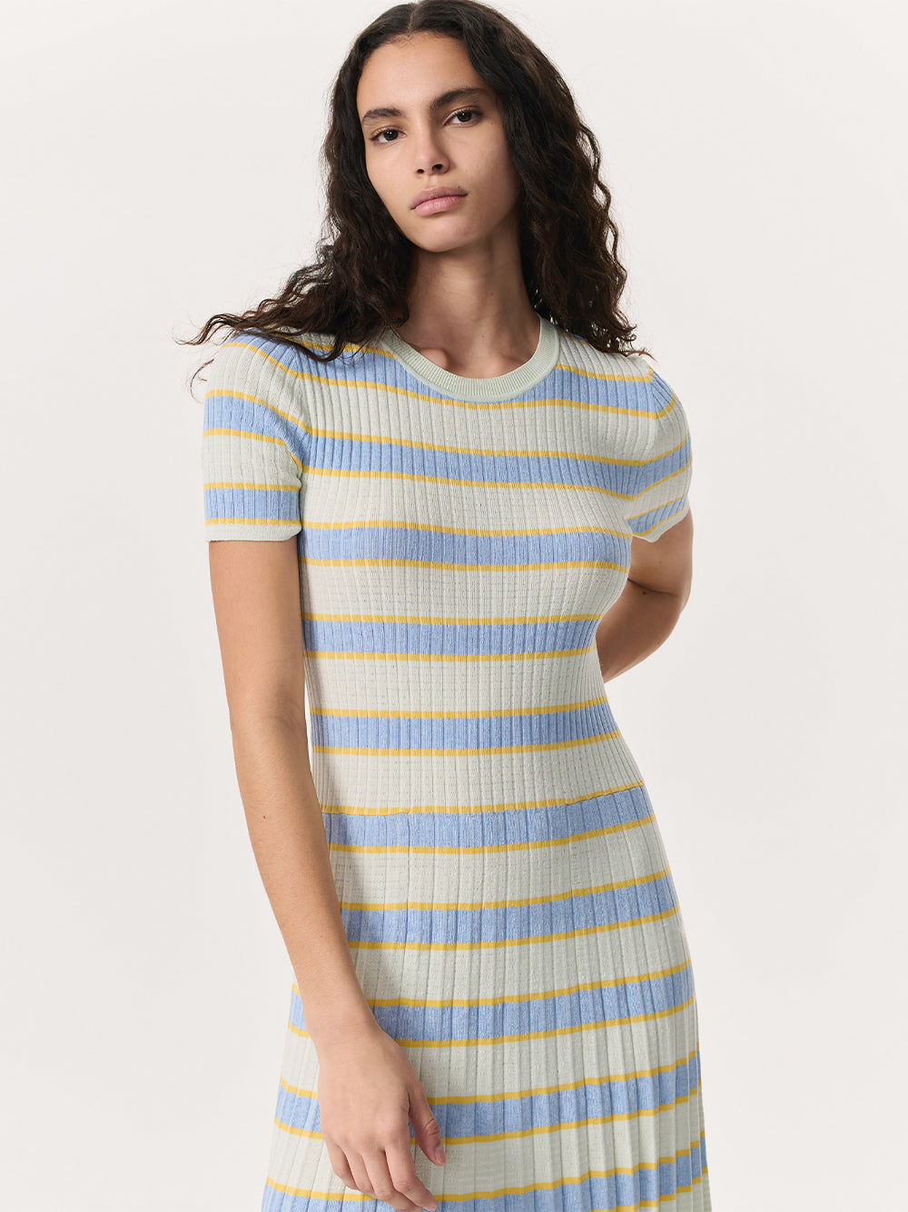 Eloise Striped Rib-Knit Pleated Midi Dress (Green Multi)