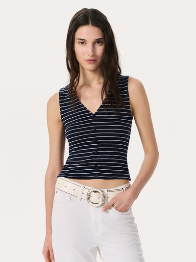 Knit Striped Button Tank Top (Navy Multi)