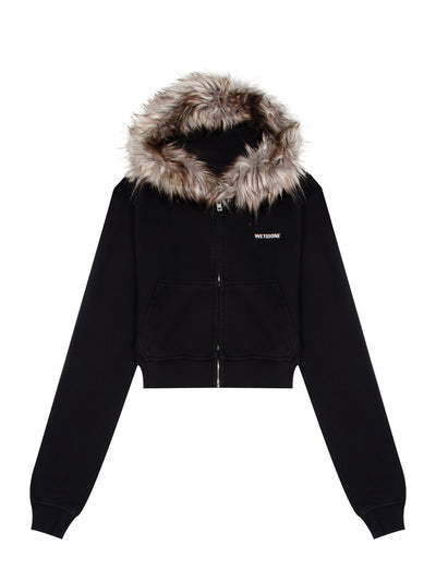 Womens Fur Cropped Hoodie Zip-Up Black