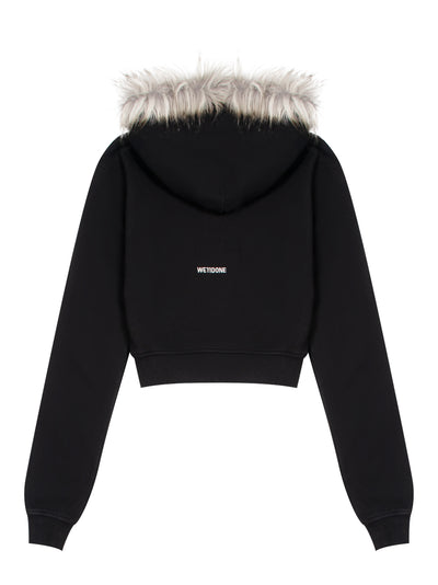 Womens Fur Cropped Hoodie Zip-Up Black