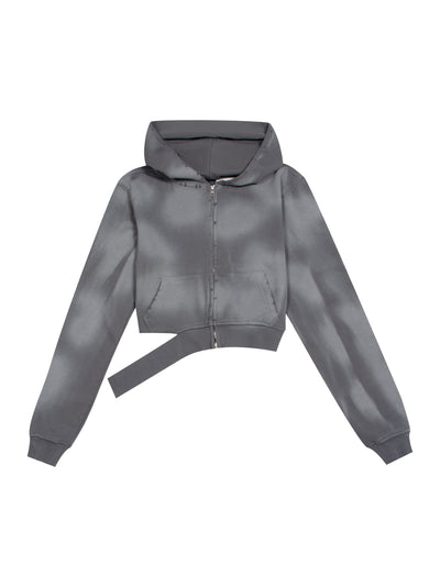 Raw Hem Zip Up Cotton Hoodie (Charcoal)