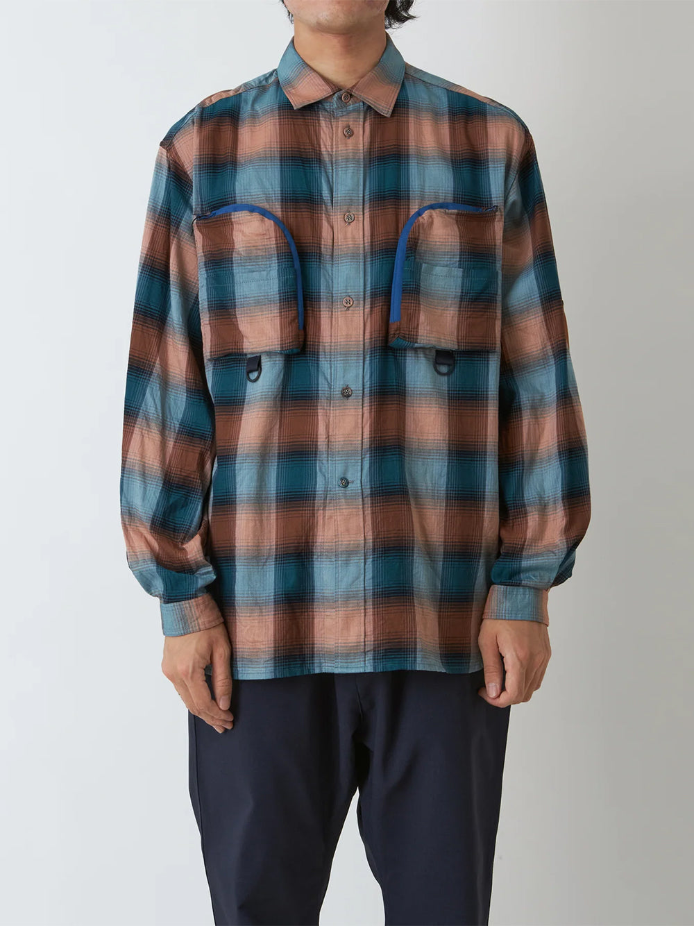 Gusset Sleeve Ombre Check Shirt Blue