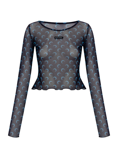 Moon Printed Mesh Second Skin Cropped Top Navy