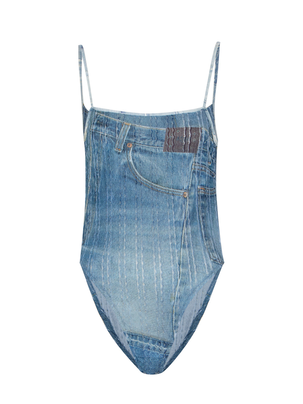 Women Denim Printed Knit Bodysuit (Washed Blue)