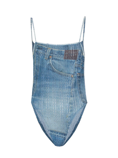 Women Denim Printed Knit Bodysuit (Washed Blue)