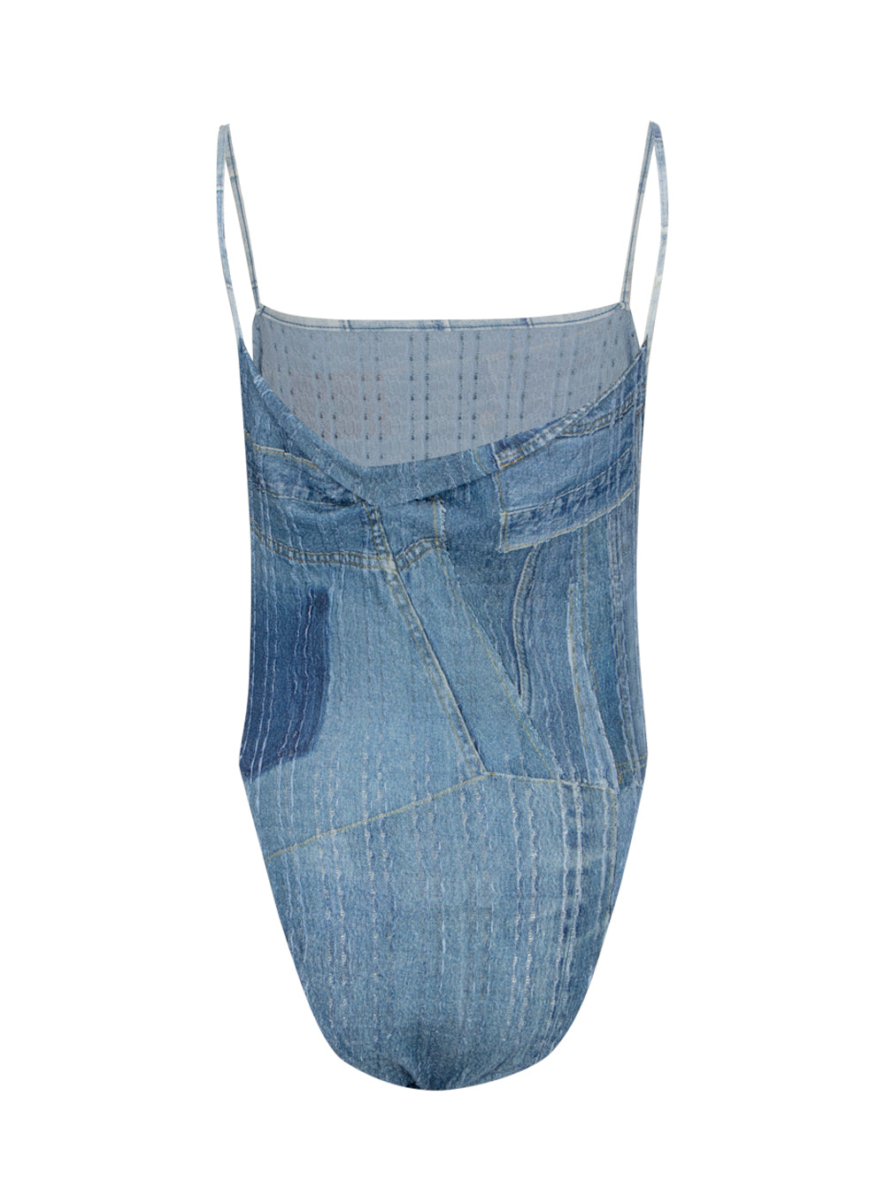 Women Denim Printed Knit Bodysuit (Washed Blue)