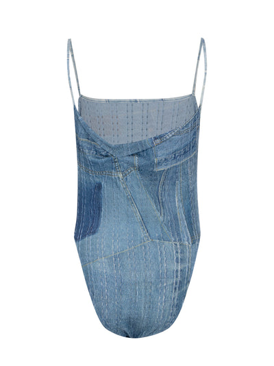 Women Denim Printed Knit Bodysuit (Washed Blue)