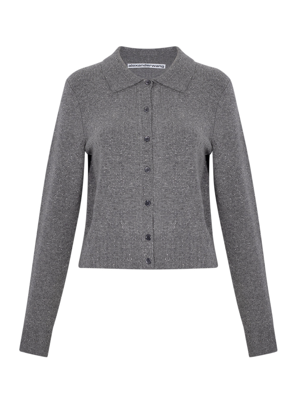 Wool-Blend Hotfix Polo Cardigan (Heather Grey)