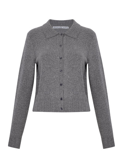 Wool-Blend Hotfix Polo Cardigan (Heather Grey)